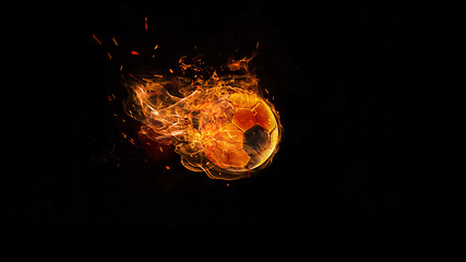 Image showing Close-up soccer ball in fire on dark background