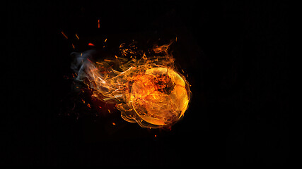 Image showing Close-up soccer ball in fire on dark background