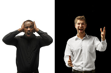 Image showing success happy afro and caucasian men. Mixed couple. Human facial emotions concept.