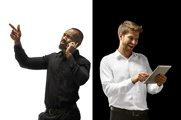 Image showing success happy afro and caucasian men. Mixed couple. Human facial emotions concept.