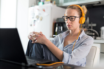 Image showing Female freelancer in her casual home clothing working remotly from her dining table in the morning. Home kitchen in the background.