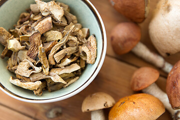 Image showing dried mushrooms in bowl on wooden background