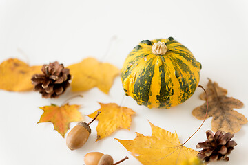 Image showing close up of pumpkin, acorns and autumn leaves