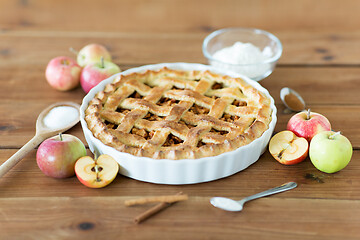 Image showing close up of apple pie on wooden table