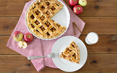 Image showing close up of apple pie and fork on plate