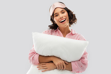 Image showing woman with pillow in pajama and eye sleeping mask