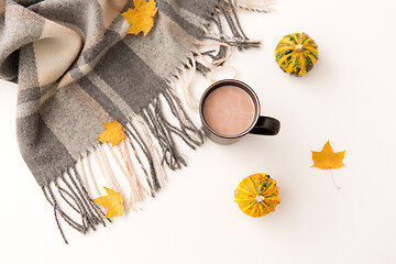 Image showing hot chocolate, autumn leaves and warm blanket