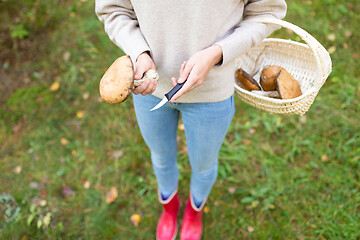 Image showing woman with basket picking mushrooms in forest