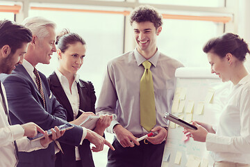 Image showing young startup businessman making presentation to senior investio