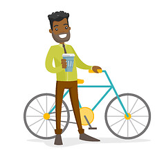 Image showing African-american businessman riding a bicycle.
