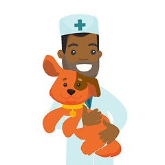 Image showing African-american veterinarian with dog in hands.