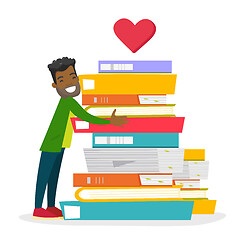 Image showing Young african-american man hugging books.