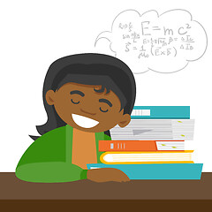 Image showing African student sleeping on the desk with books.