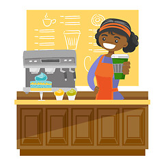 Image showing Young african barista making a cup of coffee.