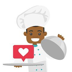 Image showing African waiter holding tray with heart like icon.