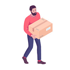 Image showing Young caucasian white man carrying cardboard box.