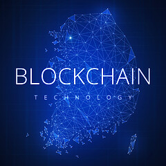 Image showing Blockchain technology hud banner with South korea map.