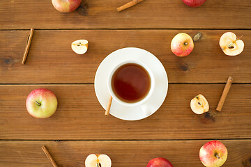 Image showing cup of tea with apples and cinnamon on table