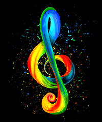 Image showing Colorful trebe clef on black background with particles