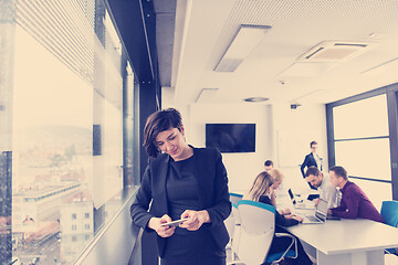 Image showing Elegant Woman Using Mobile Phone by window in office building