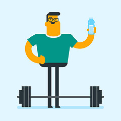 Image showing Caucasian white man drinking water in the gym.