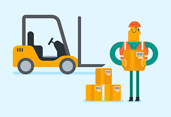 Image showing Warehouse worker on the background of forklift.