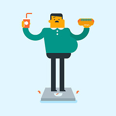 Image showing Man standing on scales with fast food in hands.