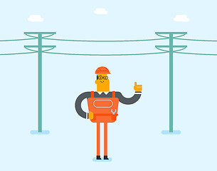 Image showing Electrician repairing an electric power pole.