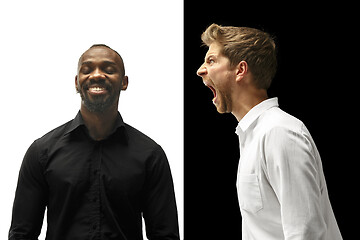 Image showing The screaming afro and caucasian men. Mixed couple. Human facial emotions concept.