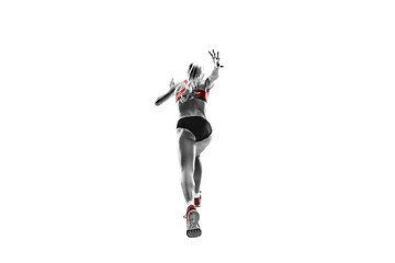 Image showing one caucasian woman running on white background