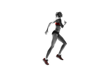 Image showing one caucasian woman running on white background