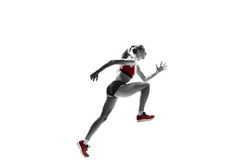 Image showing one caucasian woman running on white background