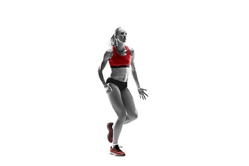 Image showing one caucasian woman running on white background