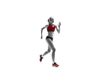 Image showing one caucasian woman running on white background