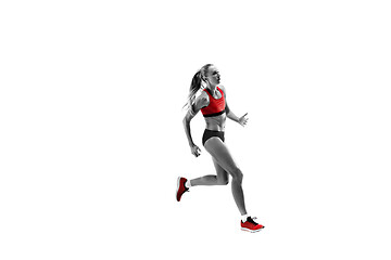 Image showing one caucasian woman running on white background