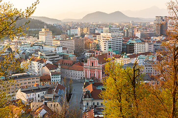 Image showing Panoramic view of Ljubljana, capital of Slovenia, at sunset. Empty streets of Slovenian capital during corona virus pandemic social distancing measures in 2020