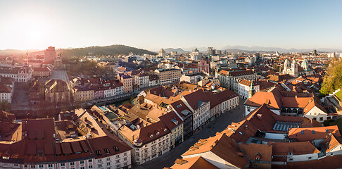 Image showing Panoramic view of Ljubljana, capital of Slovenia, at sunset. Empty streets of Slovenian capital during corona virus pandemic social distancing measures in 2020