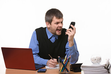 Image showing head yells at the phone against a white background