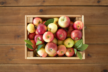 Image showing ripe apples in wooden box on table