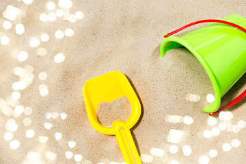 Image showing close up of toy bucket and shovel on beach sand