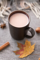 Image showing cup of hot chocolate, autumn leaf and warm blanket