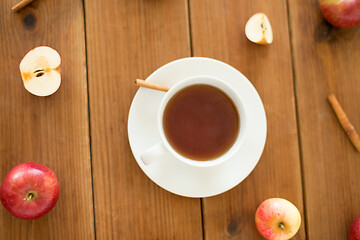 Image showing cup of tea with apples and cinnamon on table