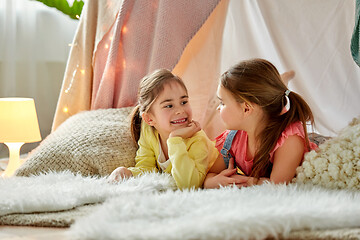 Image showing little girls talking in kids tent at home