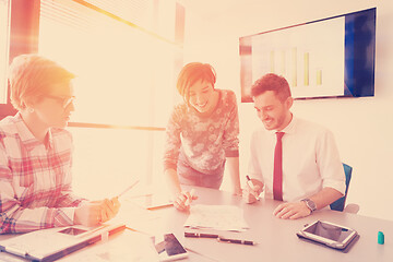 Image showing startup business team on meeting at modern office with sunset in