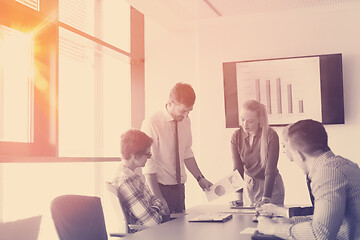 Image showing startup business team on meeting at modern office with sunset in