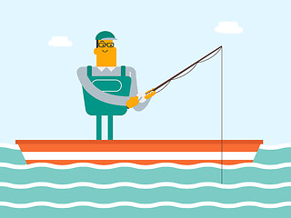 Image showing Caucasian white fisherman fishing from the boat.