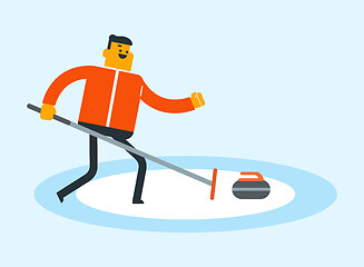 Image showing Caucasian sportsman playing curling on ice rink.