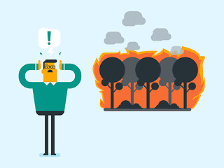 Image showing Man standing on background of forest in fire.