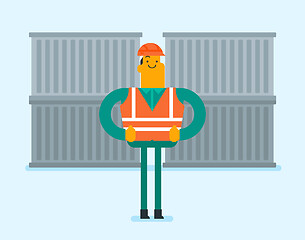 Image showing Port worker standing on cargo container background