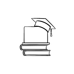 Image showing Graduation cap on book and laptop hand drawn icon.